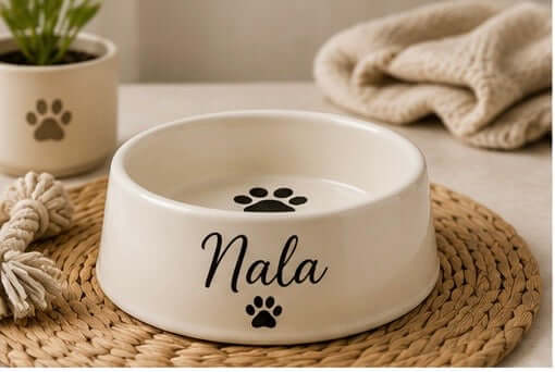 Ciotola personalizzata per cani e gatti bianca con nome “Nala” e impronte di zampa nere