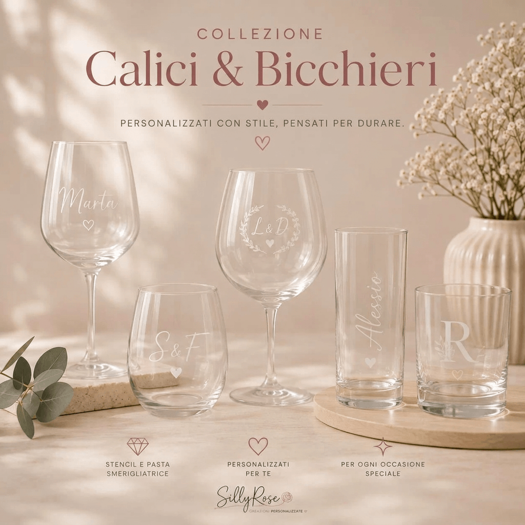 Calici e bicchieri personalizzati con nomi e iniziali, collezione SILLYROSE