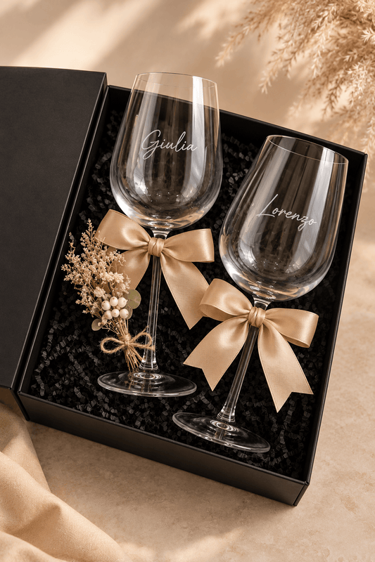 Coppia calici personalizzati con nomi “Giulia” e “Lorenzo”, fiocchi dorati e confezione regalo nera