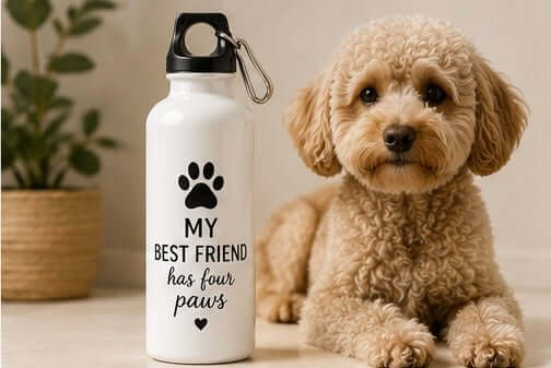 Borraccia personalizzata bianca con impronta di zampa e scritta “My best friend has four paws”, accanto a un cane