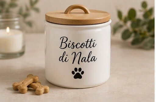 Contenitore ermetico in ceramica personalizzato bianco con coperchio color legno, scritta “Biscotti di Nala” e impronta di zampa