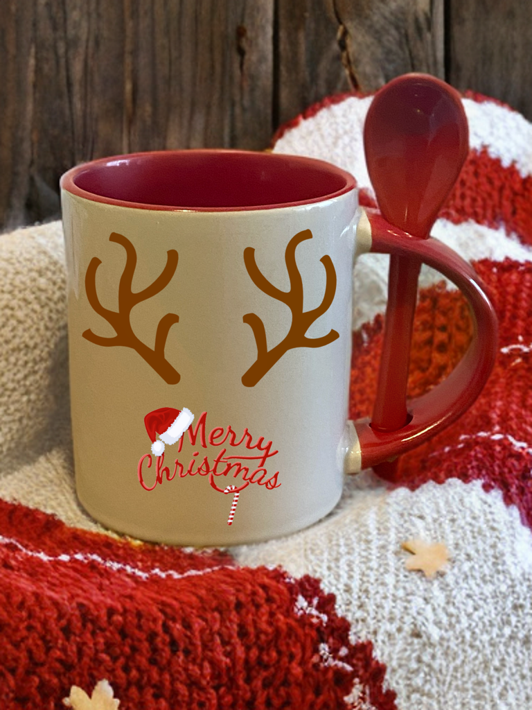 Tazza "MUG" personalizzata in ceramica Manico e interno rosso con cucchiaino abbinato