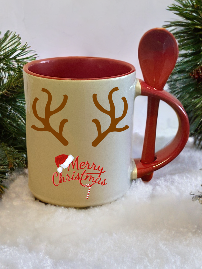 Tazza "MUG" personalizzata in ceramica Manico e interno rosso con cucchiaino abbinato
